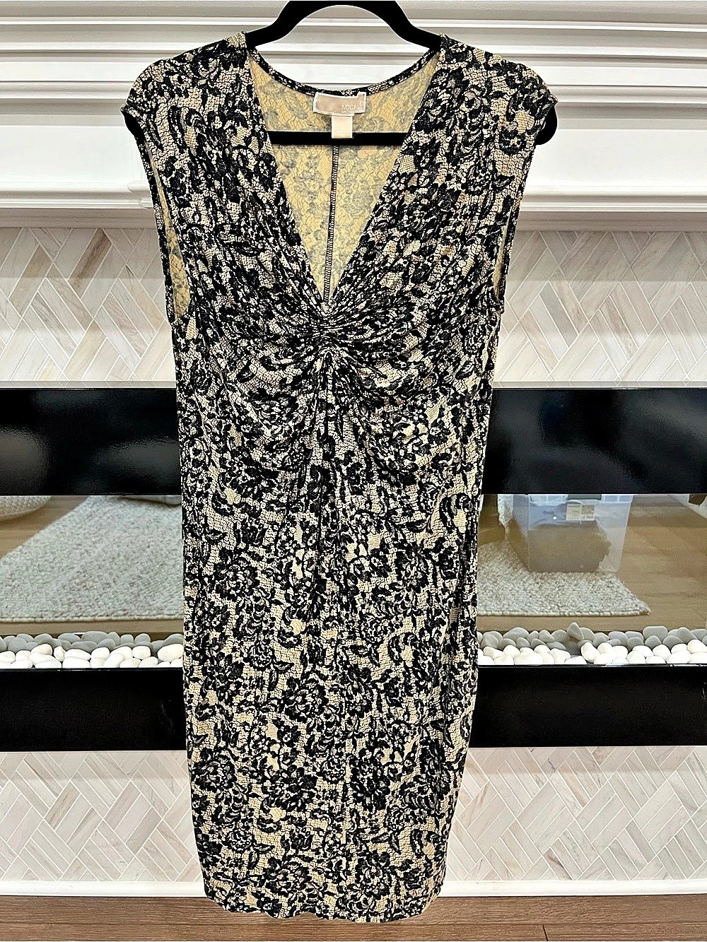Michael Kors Black & Beige Lace Midi Dress with Ruched Twist Front Size Large